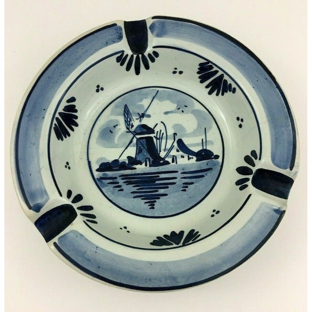 Delft Porcelain Hand Painted Blue and White Windmill Ashtray Made in Holland ###